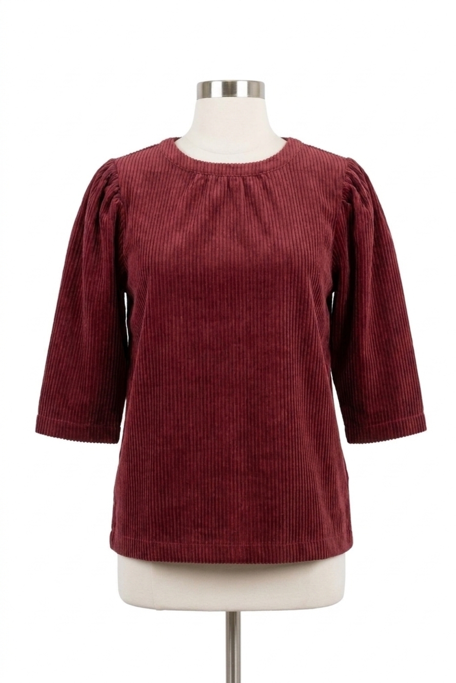 NEW VOY pleated puff sleeve corduroy top in burgundy